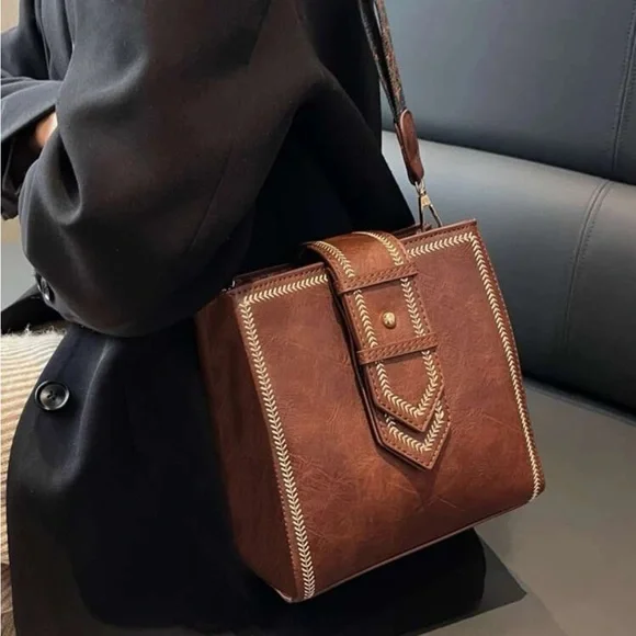 Brown Vegan Leather Western Strap Shoulder Crossbody - Picture 4 of 8